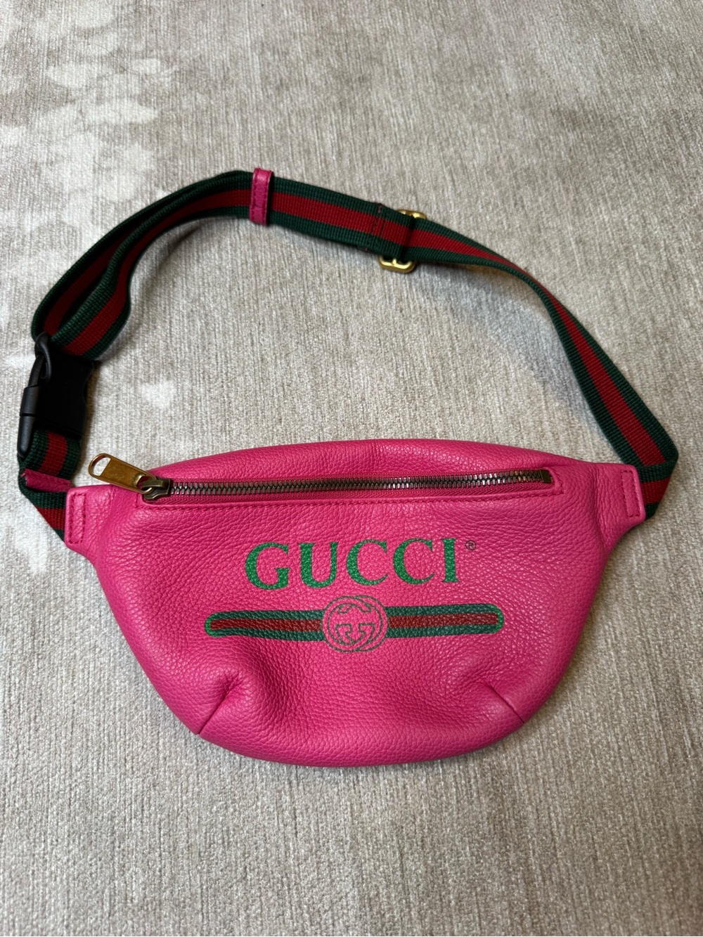 Gucci Hot Pink Leather Logo Waist Bag with Green-Red Web Strap